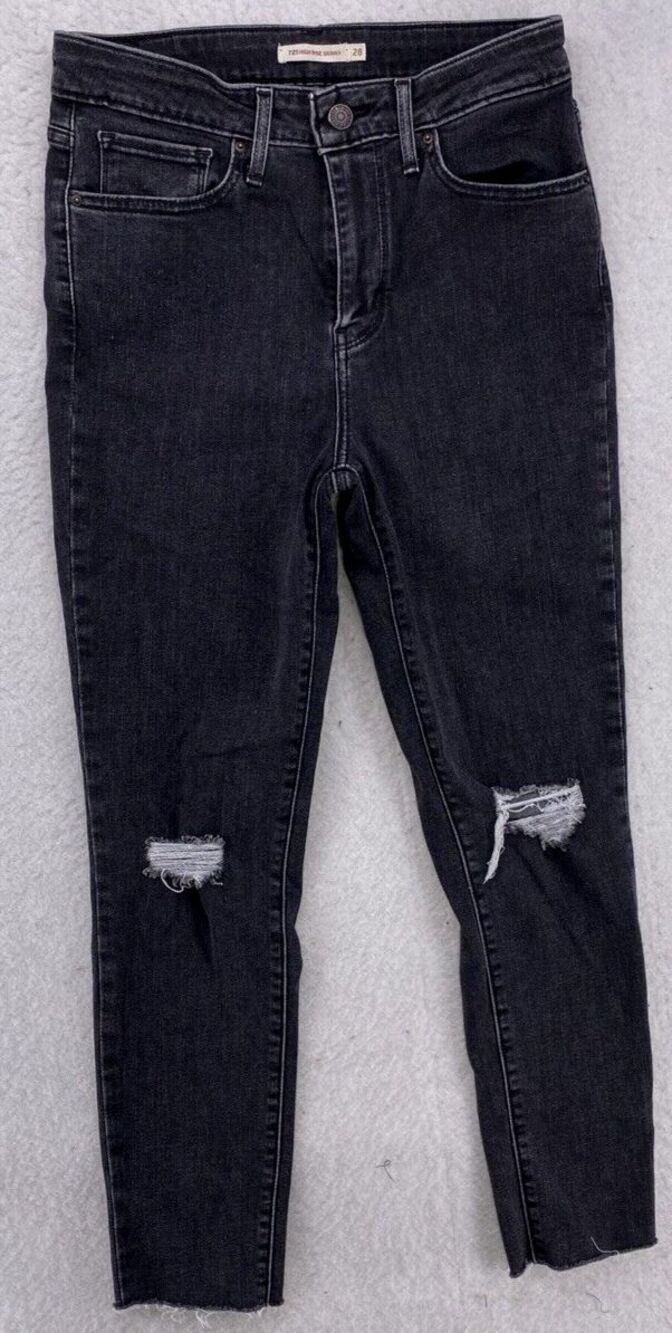 Levis 721 High Rise Skinny Jeans Womens 28 Distressed Black Stretch Raw Hem
